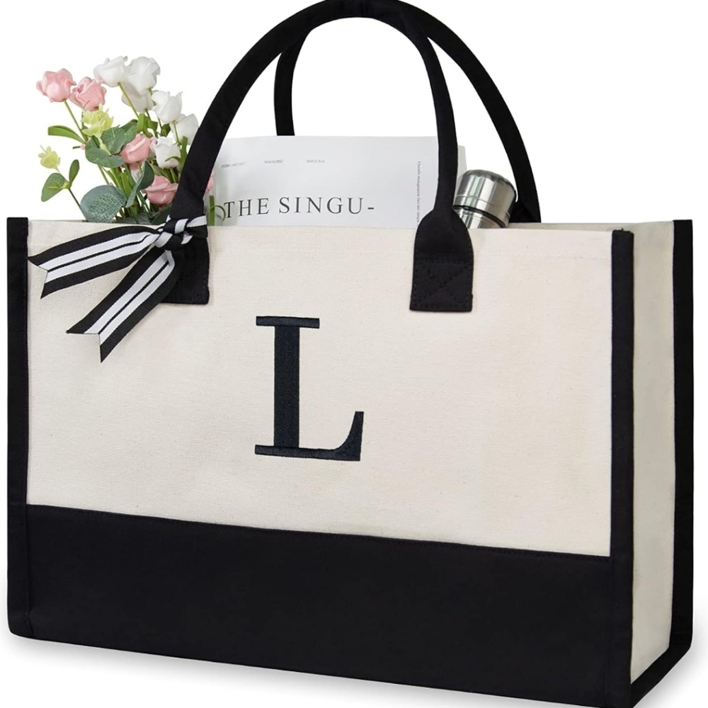 TOPDesign Personalized "L" Initial Canvas Beach Bag, Monogrammed Gift Tote Bag